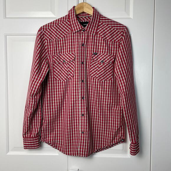 Hurley Red White Check Cowboy Western Snap Button Shirt Size M - Picture 1 of 7
